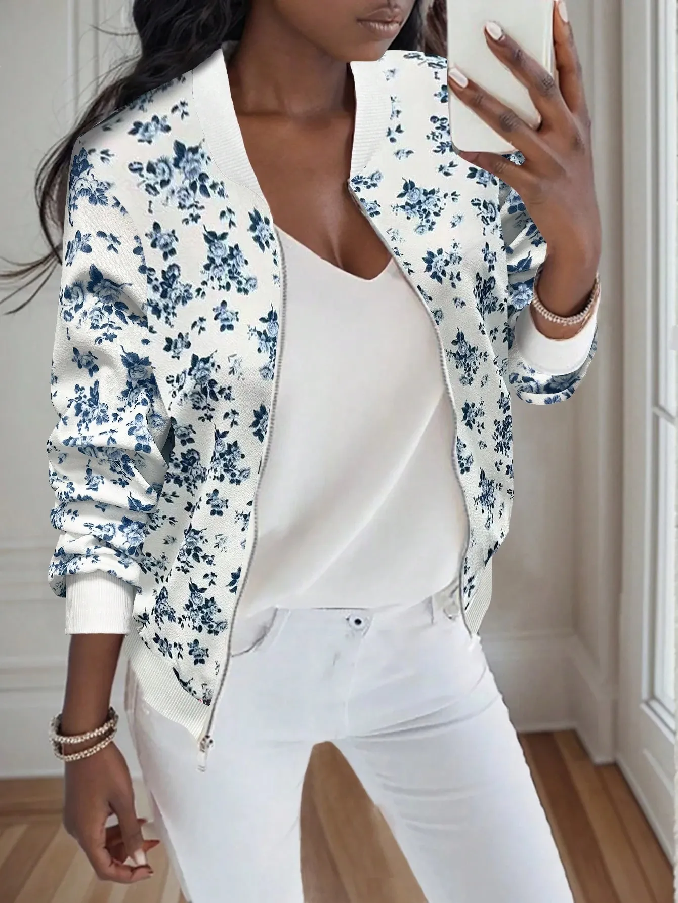 Women Floral Baseball Collar Jacket Elegant Printed Zipper Bomber Jacket Long Sleeve Casual Commute Outerwear Top