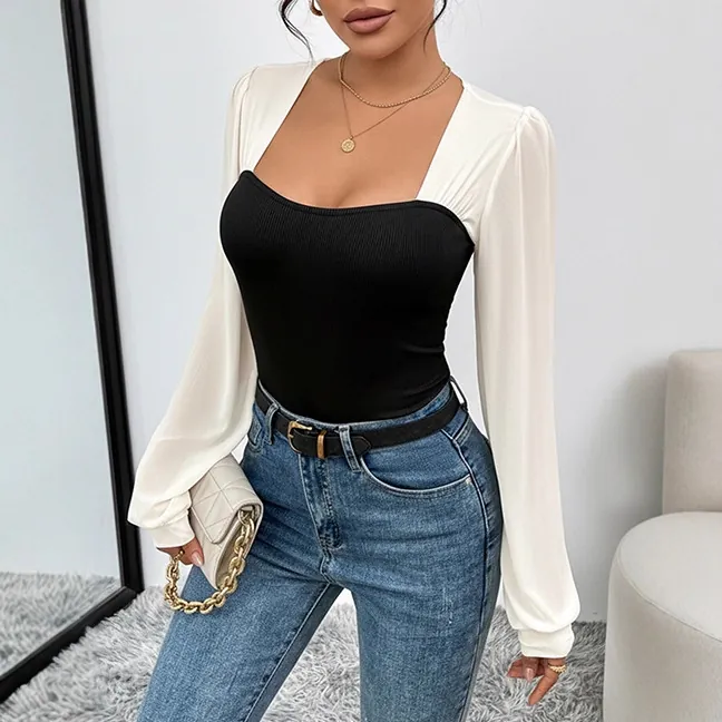 Women Elegant Color Block Mesh Patchwork Long Sleeve Bodysuit Slim Fit Ribbed Knit Square Neck Romper Top