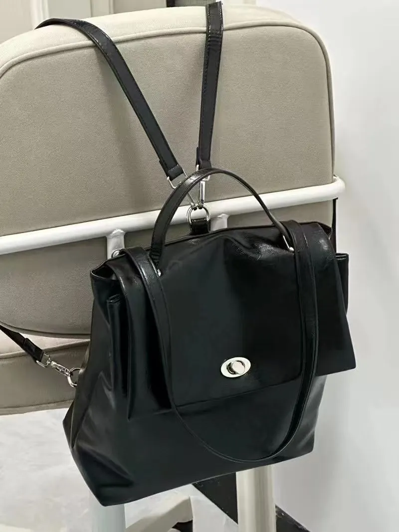 Koreanischer Stil Nischen Ölwachs PU Leder Rucksack Mode Silber Schwarz Weiß Große Kapazität Damen Reise Pendeln Schule Tasche