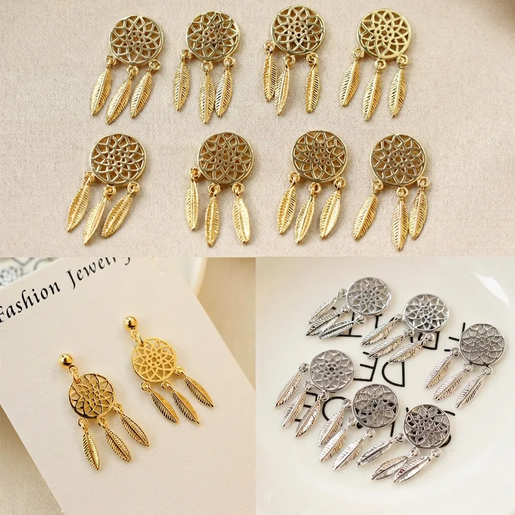 Bohemische Traumfänger Feder Kupfer Anhänger 14K Gold Vergoldet Schmuckzubehör Für DIY Ohrringe Halsketten Handwerk Zubehör