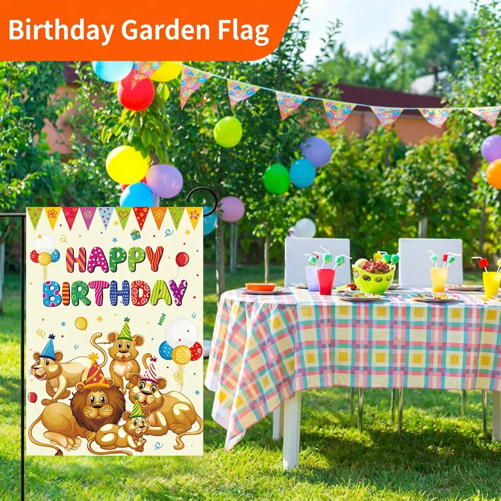 Drapeau de Jardin Happy Birthday Animaux Dessin Animé Double Face Décoration de Cour Extérieure Bannière Polyester pour Fête Anniversaire Pelouse