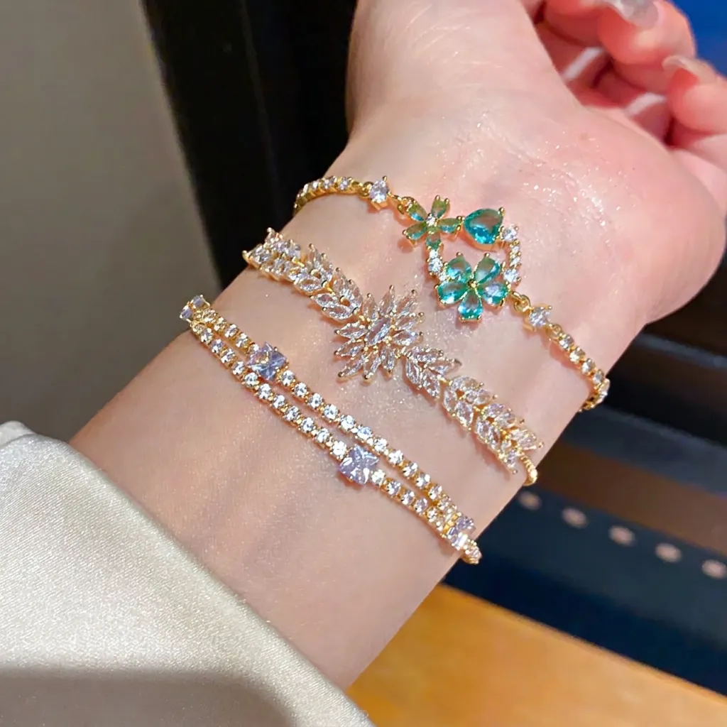 Luxury 18K Gold Plated Copper Bracelet With Zirconia Flower Heart Leaf Elegant Adjustable Drawstring Bracelets For Women Jewelry