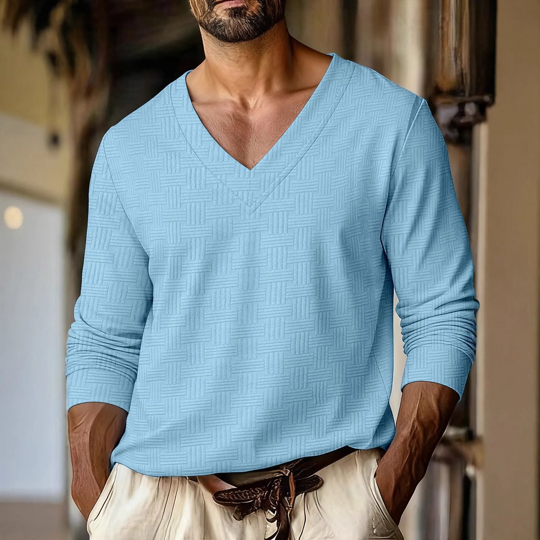 Men V Neck Long Sleeve T-Shirt Jacquard Waffle Texture Cotton Blend Casual Pullover Top For Autumn Winter Fashion