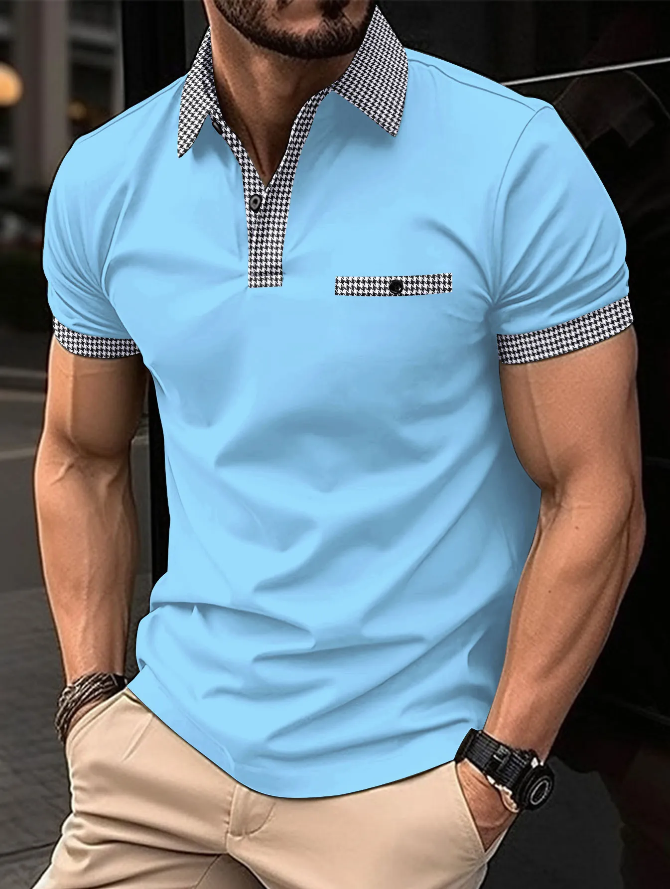 Polo da Uomo Casual a Maniche Corte Design Patchwork Pied de Poule Colore a Contrasto Traspirante Poliestere Polo Top per l'Estate