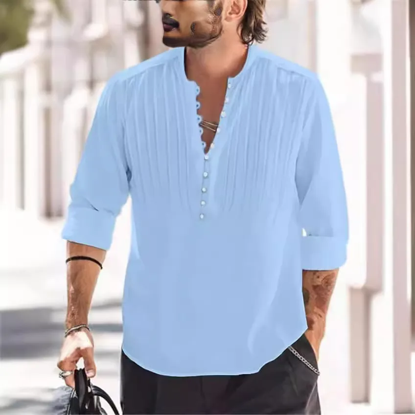 Men's Casual Henley Shirt Long Sleeve Pintuck Pleated Top Solid Color Multi Button Fashion Breathable Polyester Blend Tee