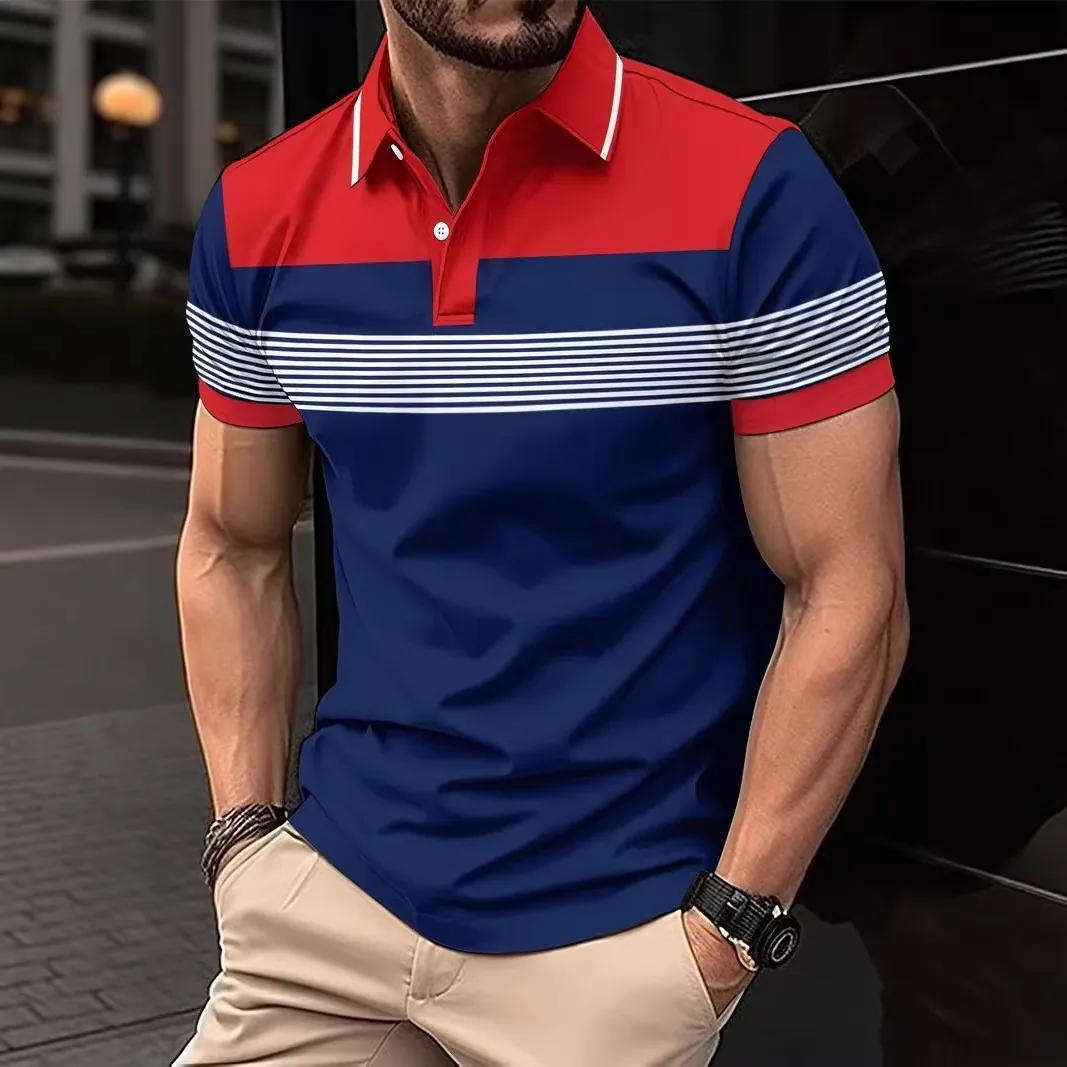 Men's Striped Short Sleeve Polo Shirt Breathable Polyester Color Block Casual Urban Fashion Slim Fit Polo Top