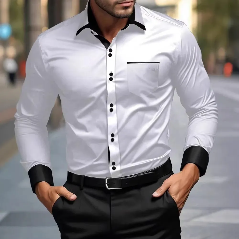 Herren Mode Kontrastfarbe Patchwork Hemd Langarm Stehkragen Business Casual Slim Fit Blumenmuster Mode Top