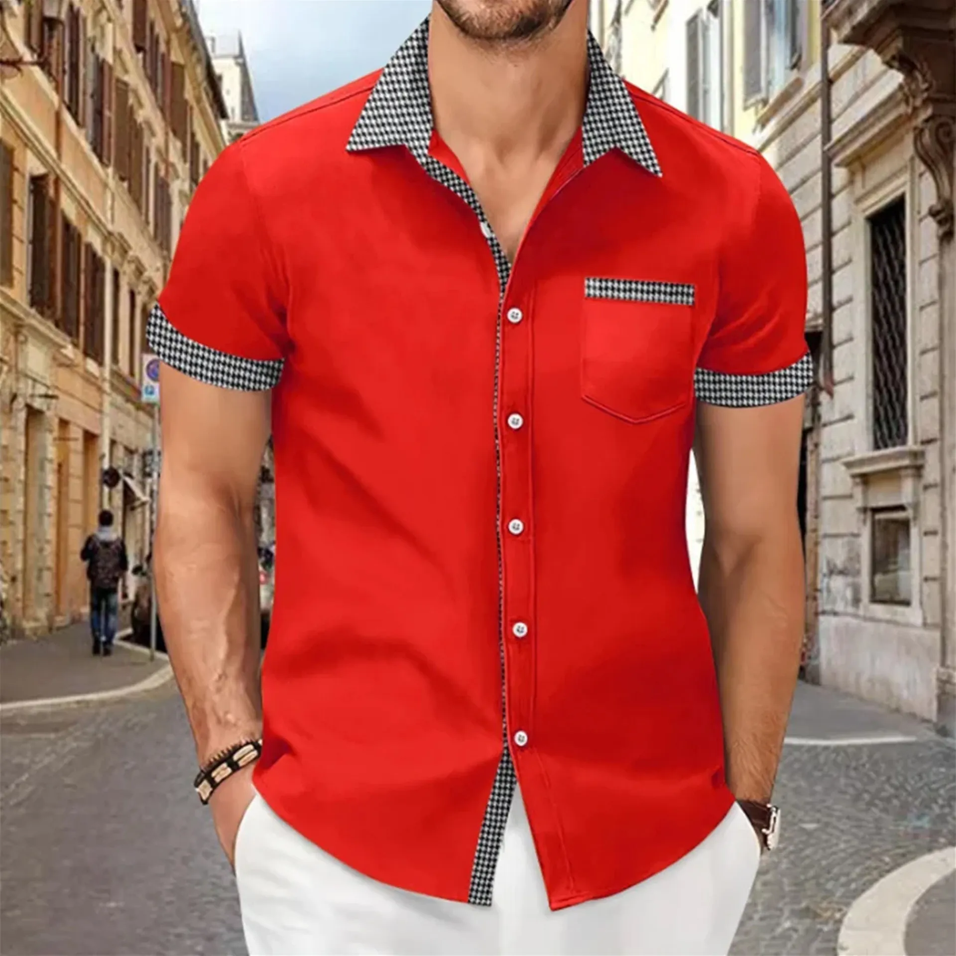Men's Casual Short Sleeve Shirt Patchwork Houndstooth Trim Lapel Button Down Summer Fashion Top With Chest Pocket