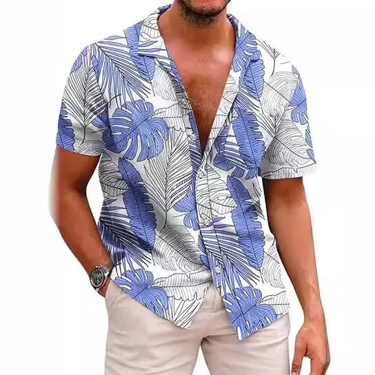 Men Hawaiian Short Sleeve Shirt Polyester Tropical Floral Palm Leaf Print Lapel Button Down Vacation Beach Casual Top