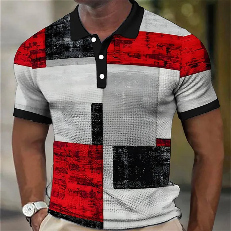 Polo da Uomo con Stampa Digitale 3D Traspirante a Manica Corta in Poliestere Patchwork Geometrico Revers Top Casual Urbani