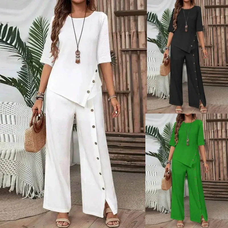 Women Top And Bottom Set Elegant Irregular Hem Short Sleeve Shirt Wide Leg Pants Suit Solid Color Polyester Commuting Fashion