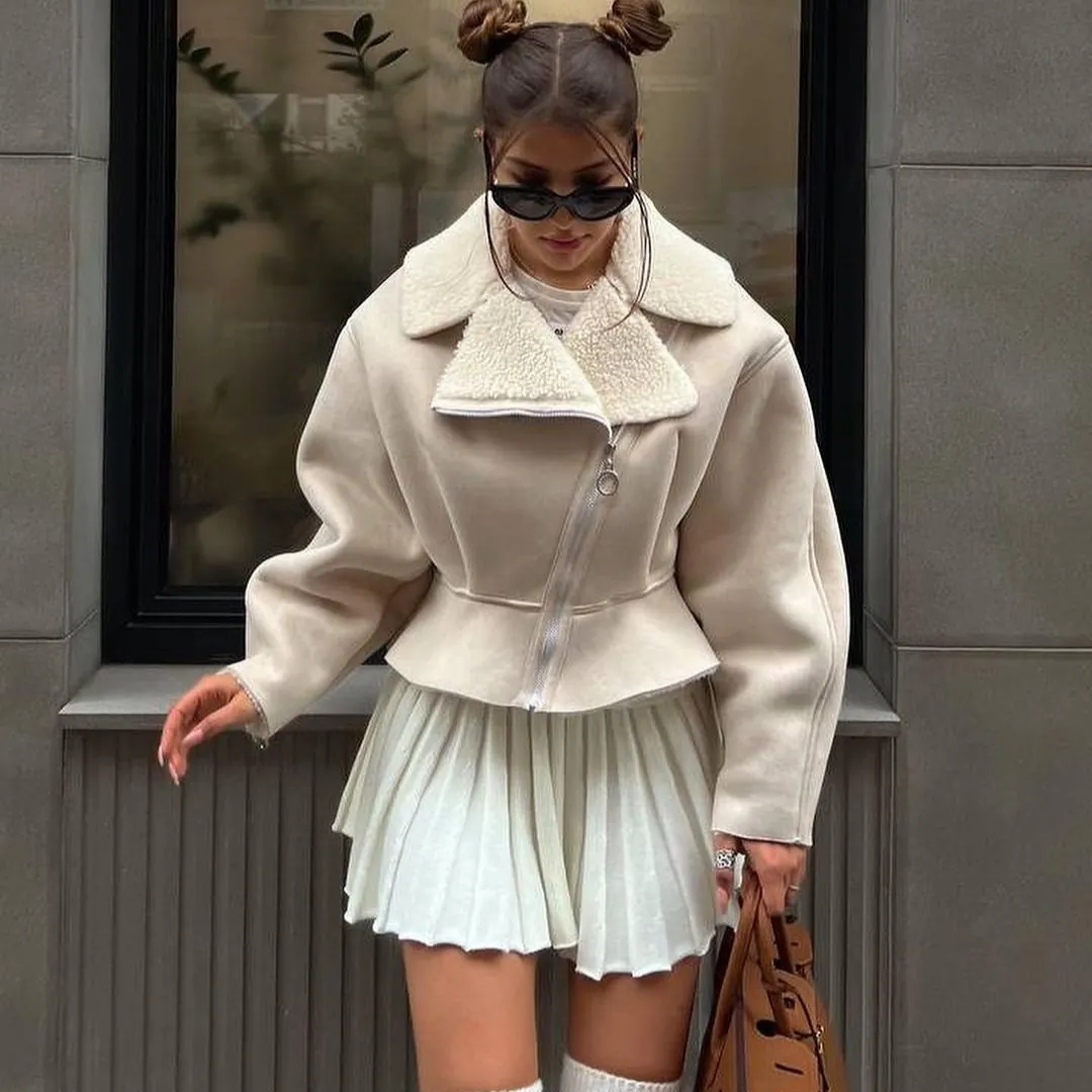 Women Faux Shearling Peplum Jacket Suede Lapel Shearling Lined Short Moto Coat Zipper Solid Color Warm Outerwear