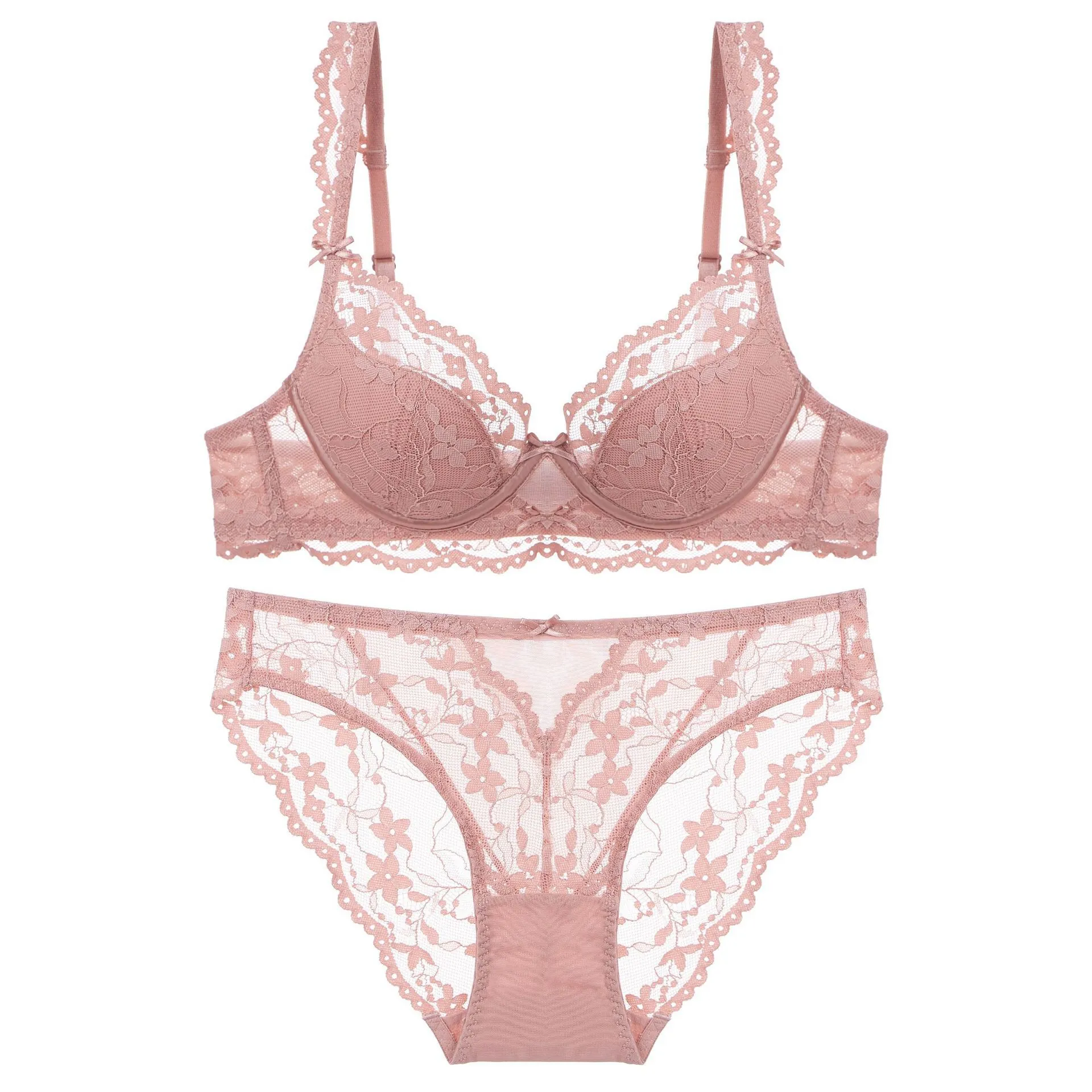 Franse Sexy Kant BH En Slip Voor Vrouwen Push Up Dunne Beugel Bloemig Borduurwerk Lingerie Elegant Romantisch Ondergoed