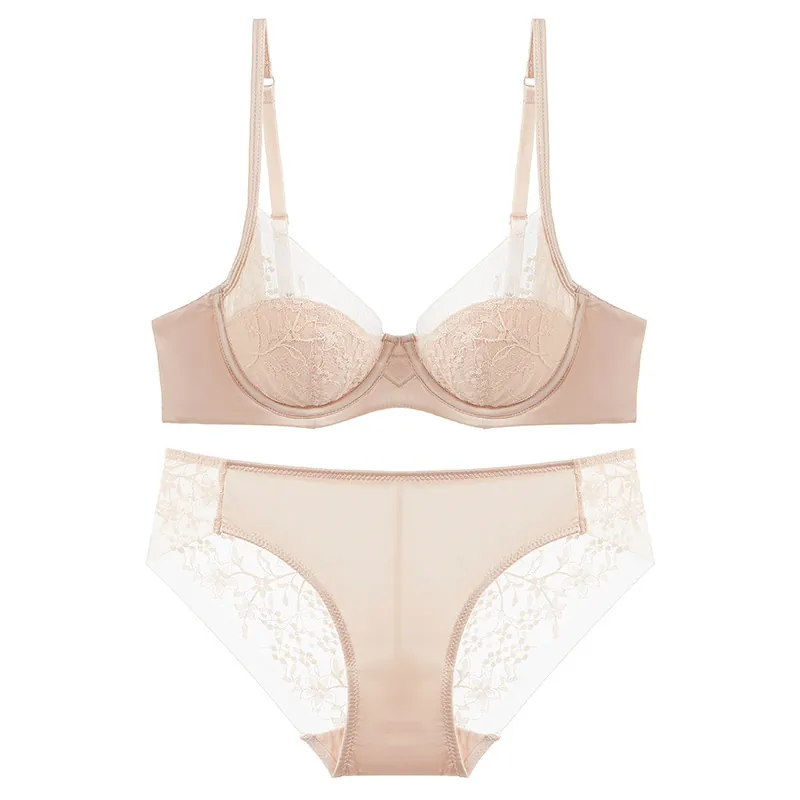 Women French Lace Lingerie Floral Embroidery Underwire Minimizer Bra And Panty Top And Bottom For Daily Wear Comfort