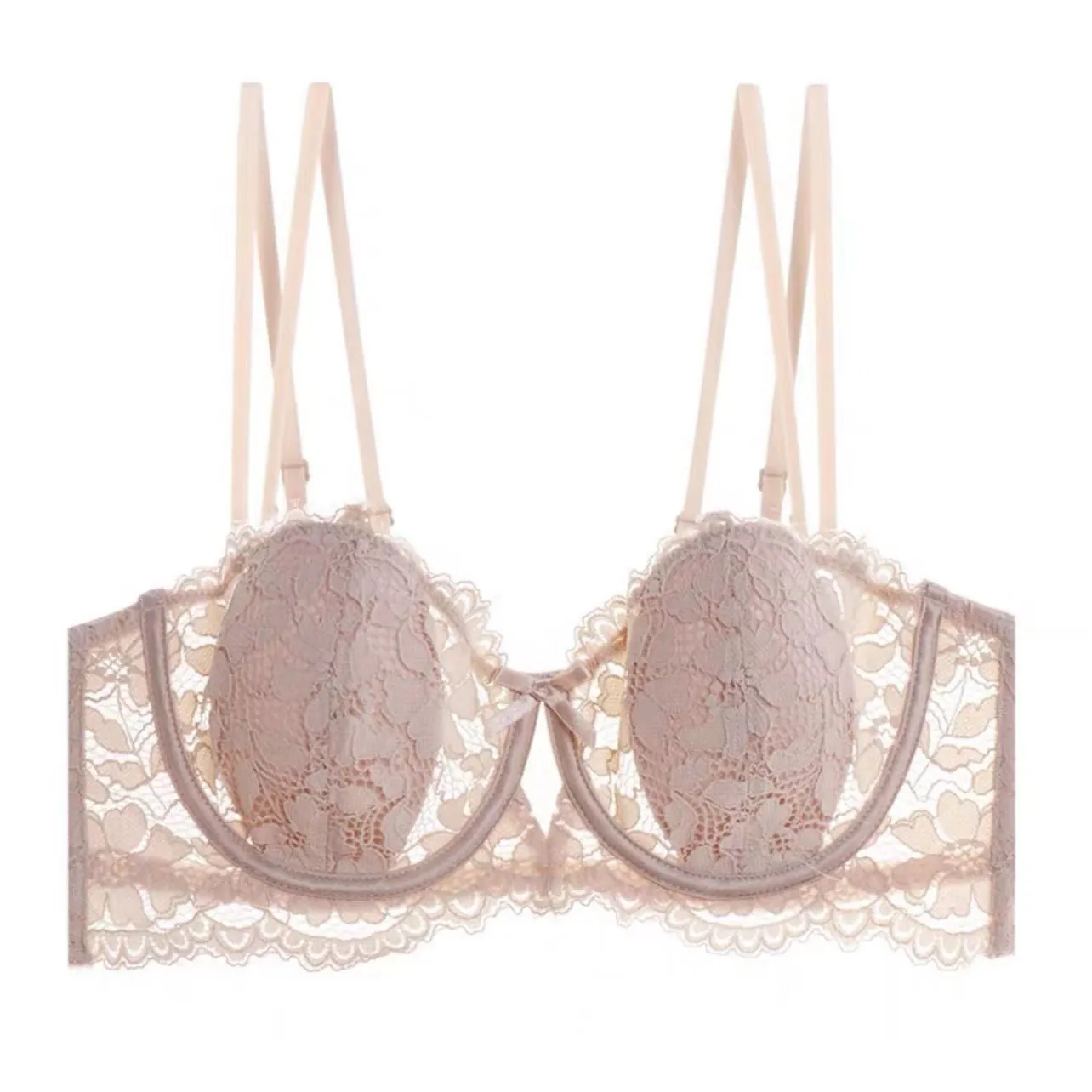 Sujetador de Encaje Floral Sexy Francés Copa Delgada Aros Suaves Reductor Push Up Tirantes Múltiples Ajustables Lencería para Mujer