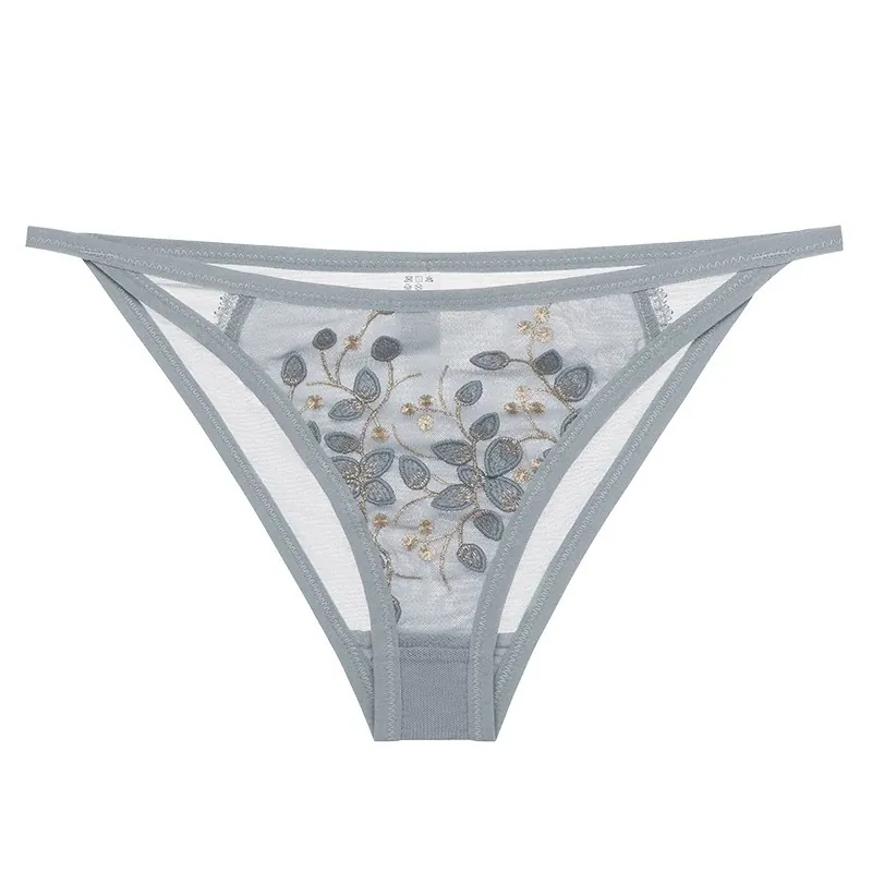 French Sexy Floral Embroidered Mesh Panties For Women Vintage Lace Low Waist Transparent Briefs Elegant Lingerie Bottom