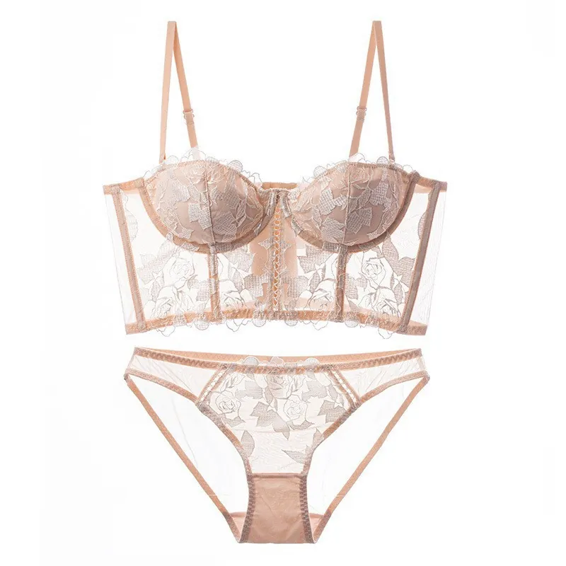 Conjunto de Lencería Bordado Floral de Encaje Estilo Francés Conjunto de Sujetador Bustier Realce con Ballenas Malla Top Y Bottom