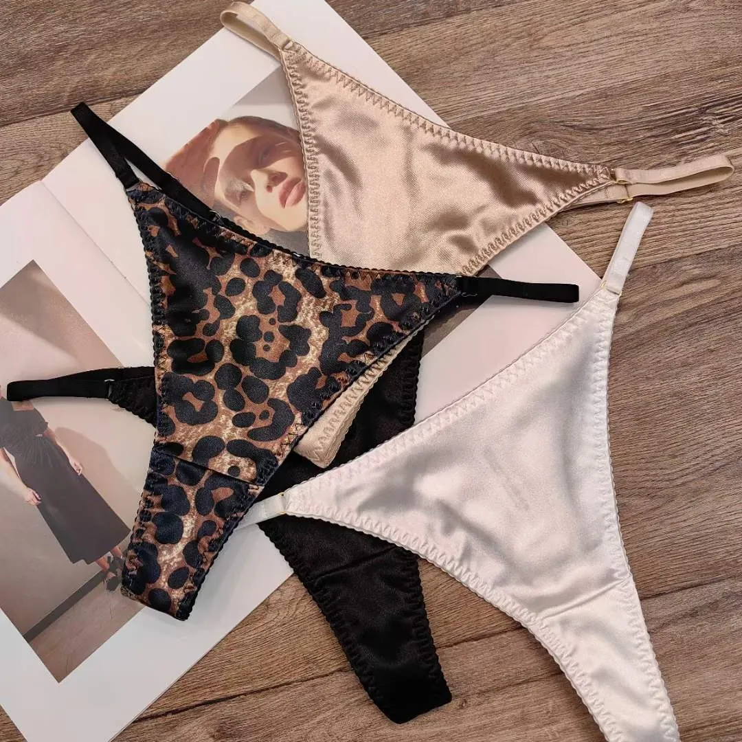 Women Sexy Satin Leopard Thong Panties Low Waist Seamless Adjustable G-String With Cotton Crotch French Style Underwear