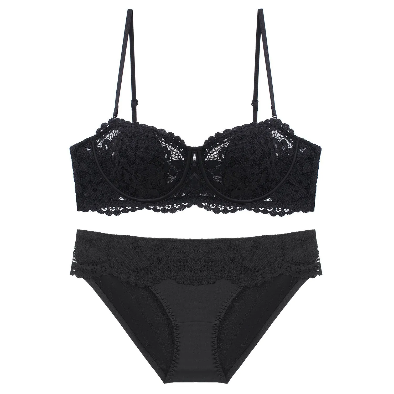 French Style Sexy Floral Lace Lingerie Set For Women Thin Half Cup Wireless Push Up Breathable Bra And Panty