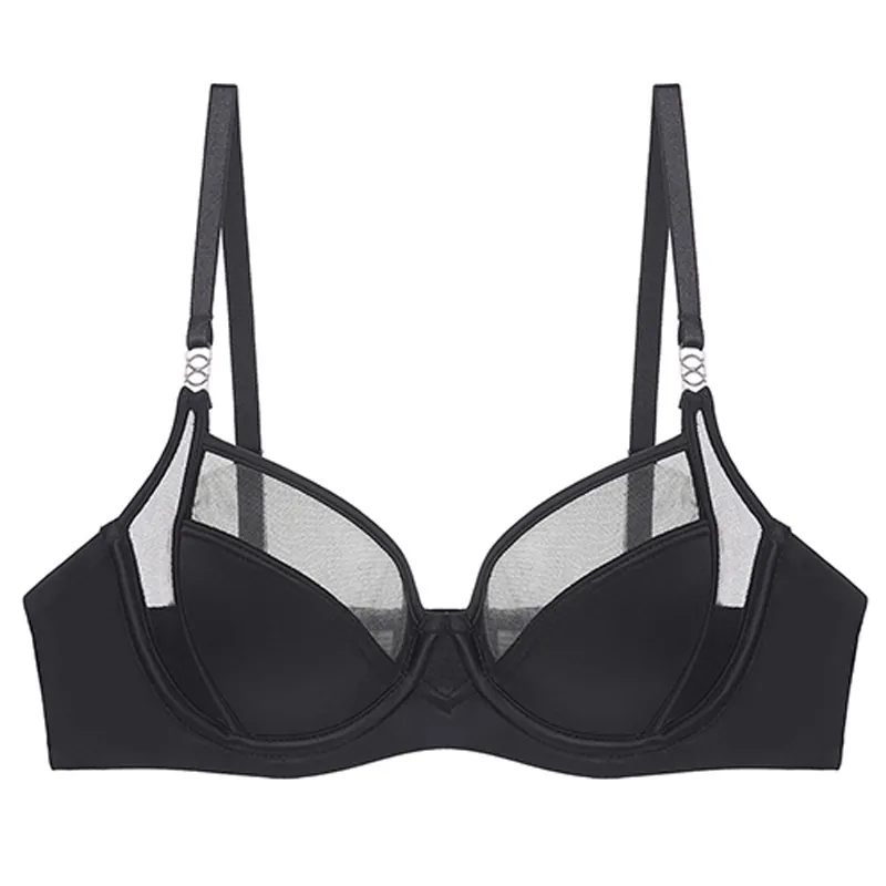 Sujetador de Malla Delgada Estilo Francés Sexy para Mujer Minimizer Con Aros Satén Patchwork Tirantes Ajustables Transpirable