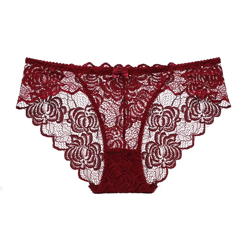 Sexy Damen Spitzenunterwäsche Ultradünn Transparent Blumenmuster Niedrige Taille Atmungsaktiv Hohl Lingerie Mit Schleife