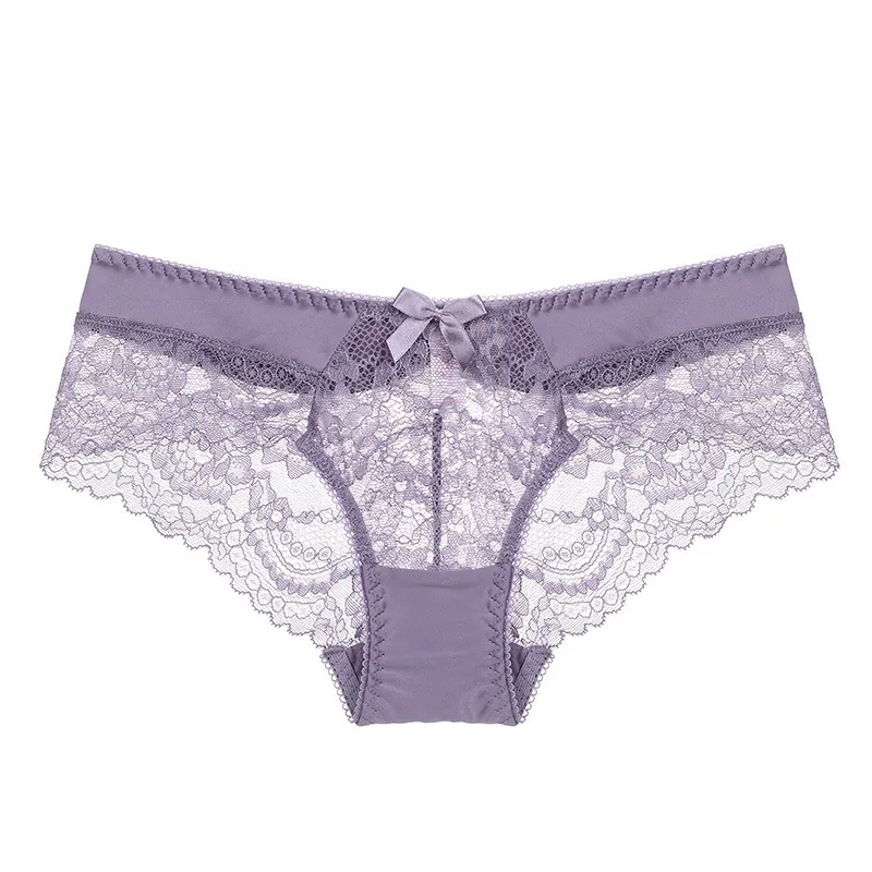 Damen Sexy Spitze Unterhosen Französischer Stil Ultradünn Transparent Niedrige Taille Floral Dessous Satin Schleife Slips Baumwollzwickel