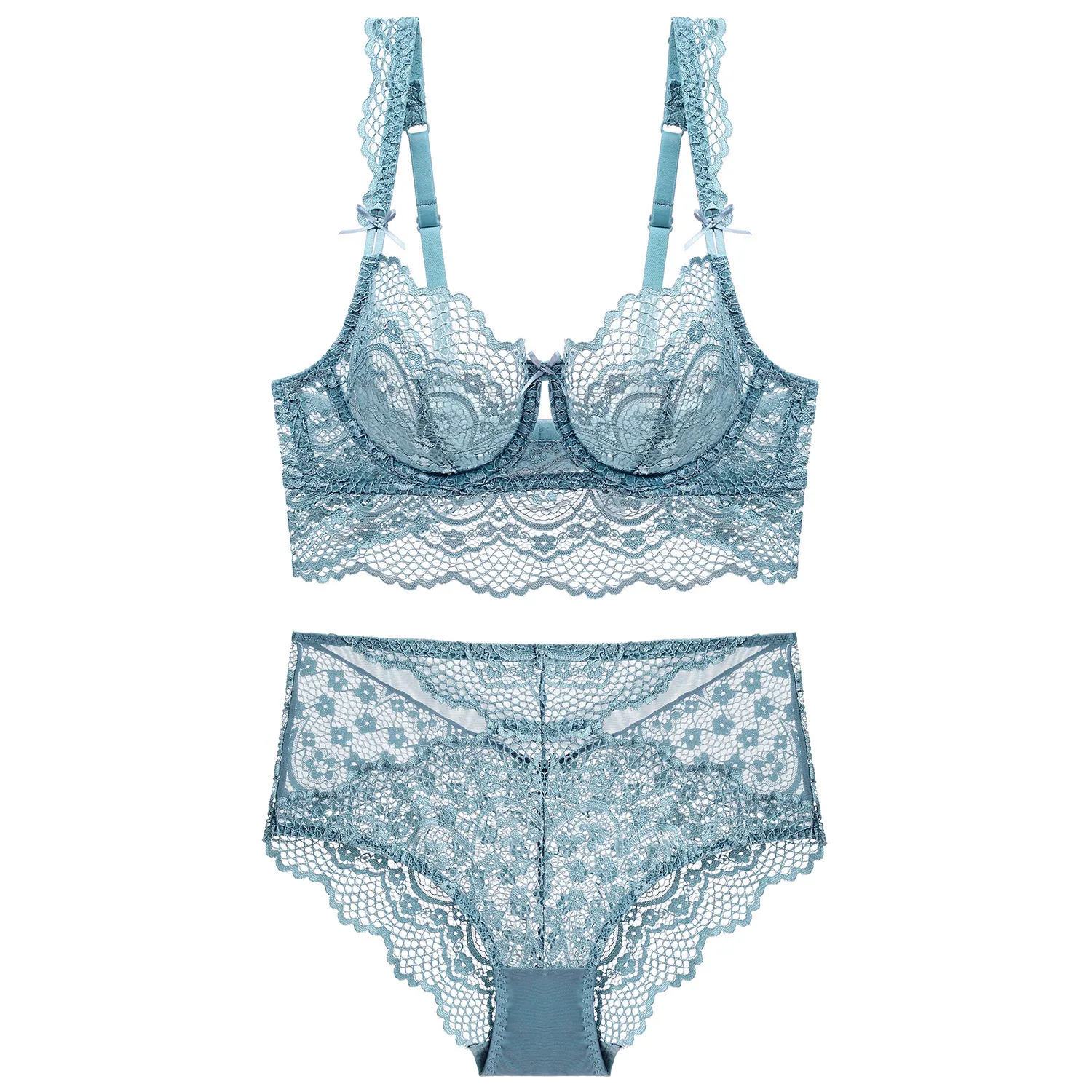 Women Sexy Ultra-Thin Lace Lingerie Set Breathable Nylon Spandex Sheer Floral Bra And Panties Set With Bow Detail Underwear