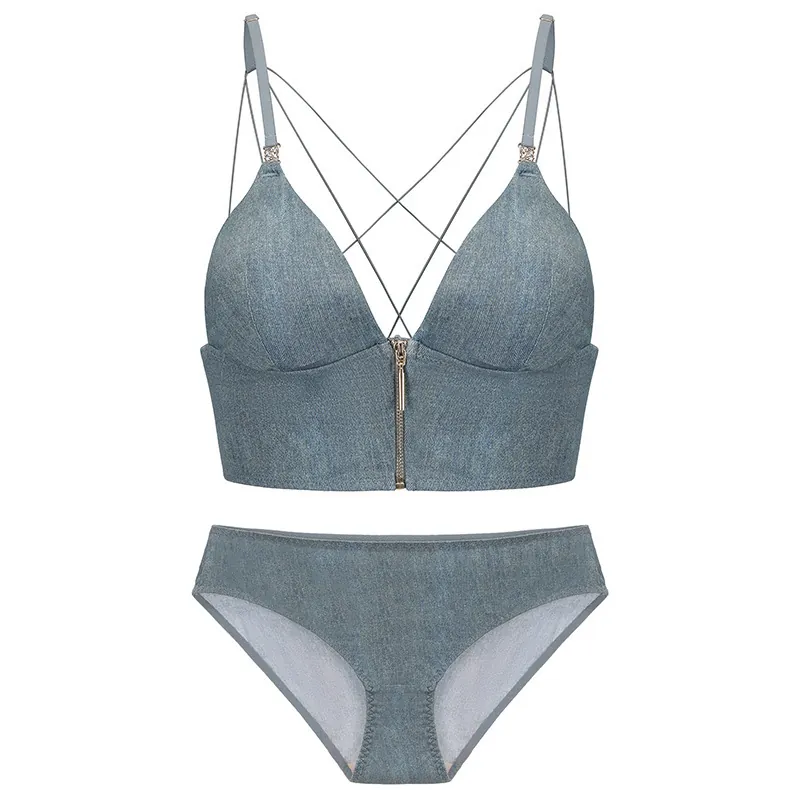 Französisches Sexy Viskose BH-Set Vorderverschluss Dünne Träger Dreieckskörbchen Ohne Bügel Denim-Druck Schimmer Oberteil Und Unterteil