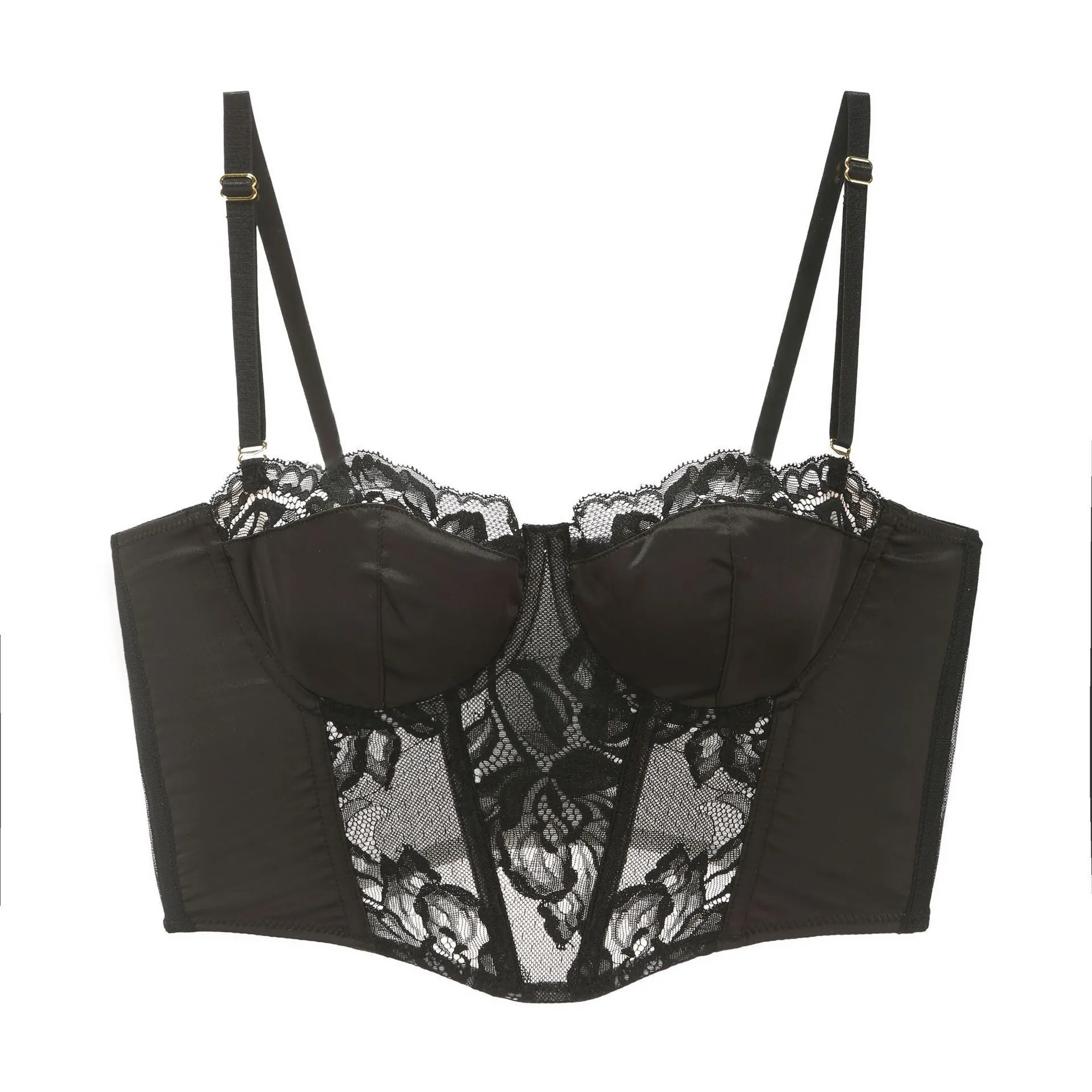 French Style Lace Bustier Corset Top Sexy Fishbone Boned Lingerie Polyamide Satin Push Up Bra Top For Women