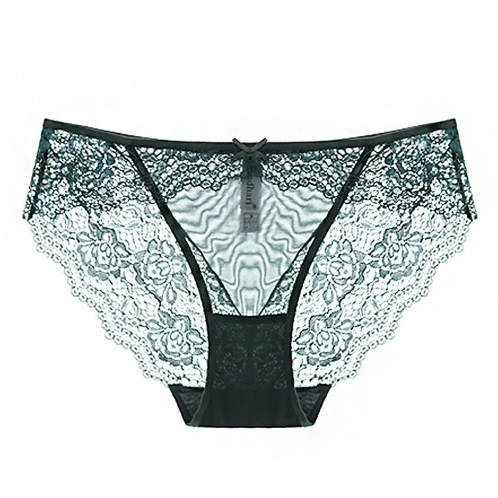 Femmes Sexy Dentelle Maille Culottes Taille Basse Broderie Florale Nœud Slips Entrejambe en Coton Sous-vêtements Transparents