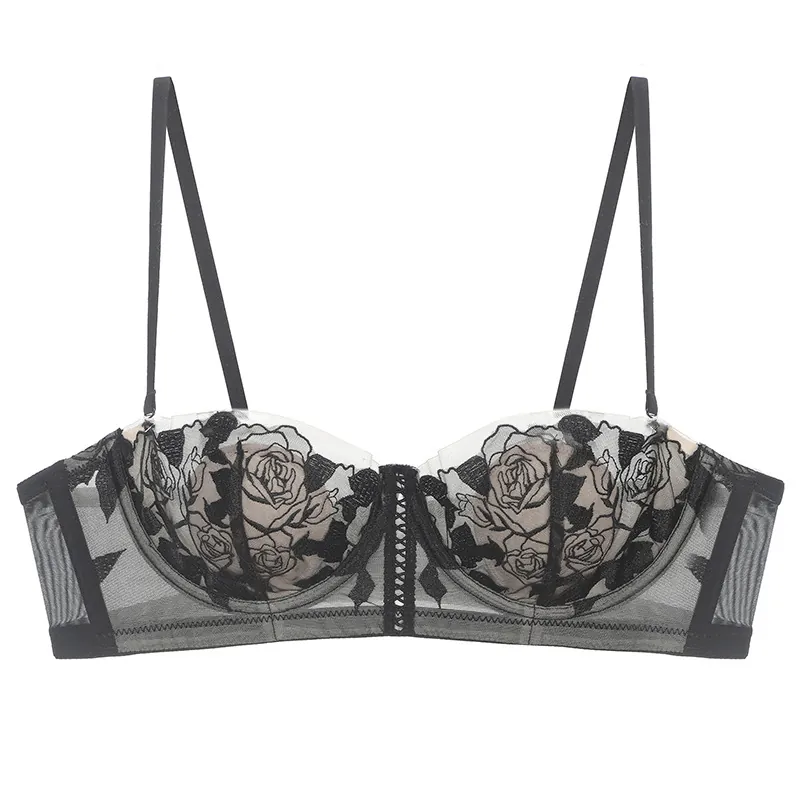 Women's French Rose Embroidery Lace Bra Sexy Semi-Transparent Mesh Underwire Thin Cup Push Up Minimizer Bra For Big Bust