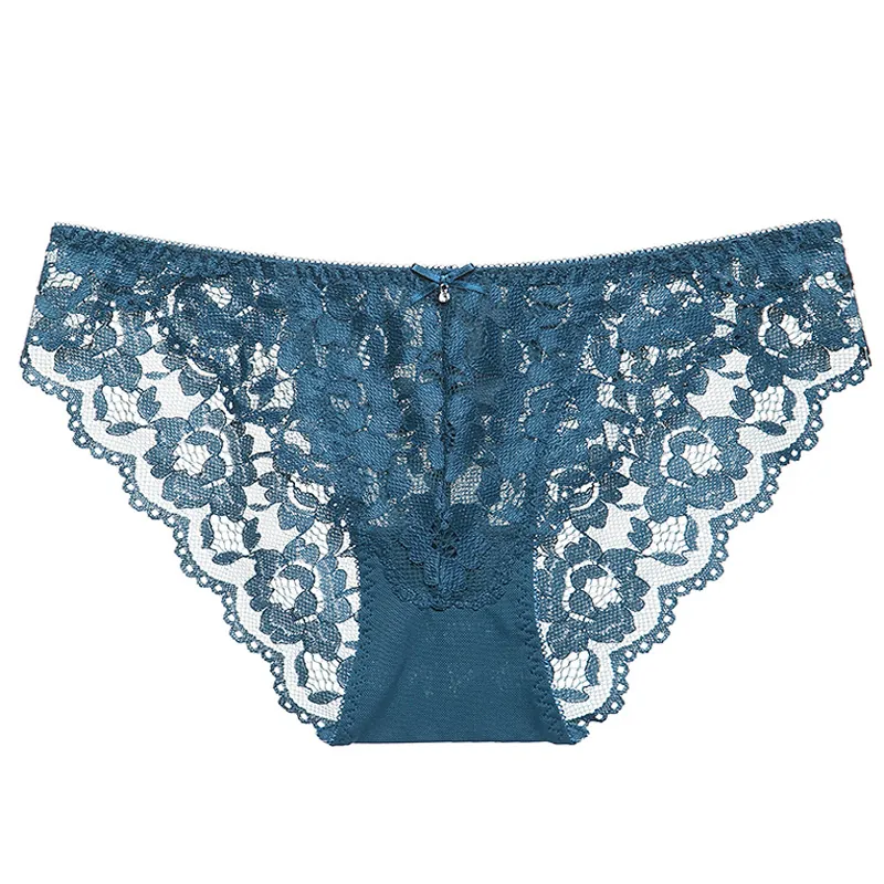 Culotte Sexy en Dentelle pour Femmes Transparente Taille Basse Slips Broderie Florale Entrejambe en Coton Nœud Strass