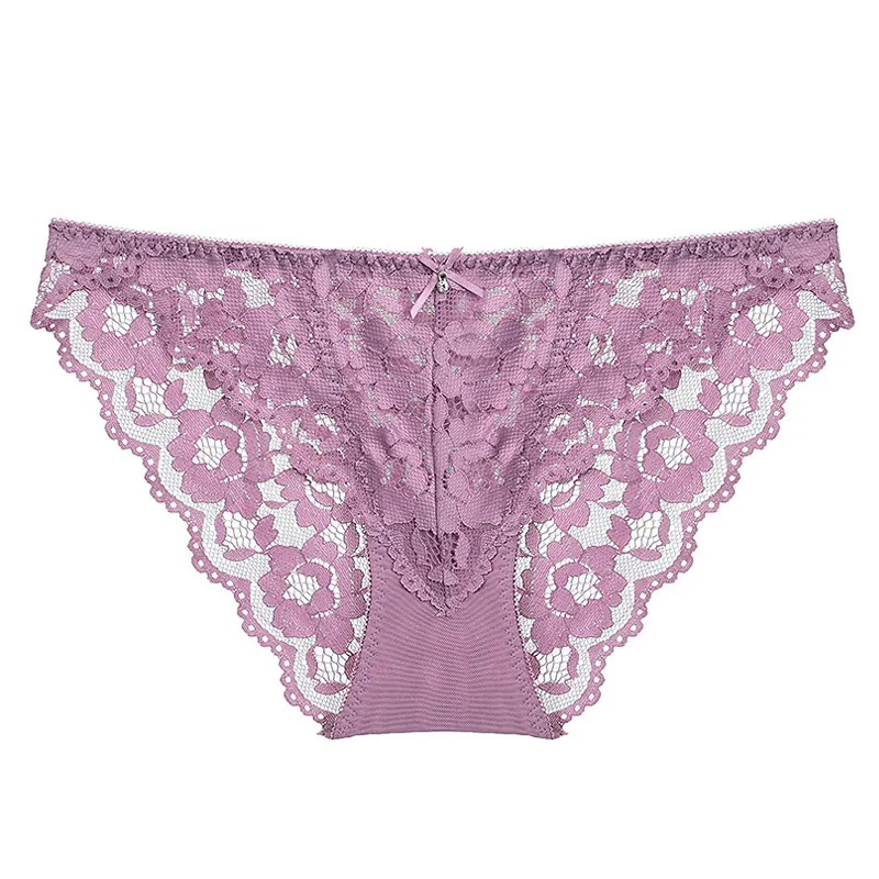 Women's Sexy Transparent Lace Panties Floral Low Waist Breathable Lingerie With Bow Rhinestone Pendant Lace Underwear