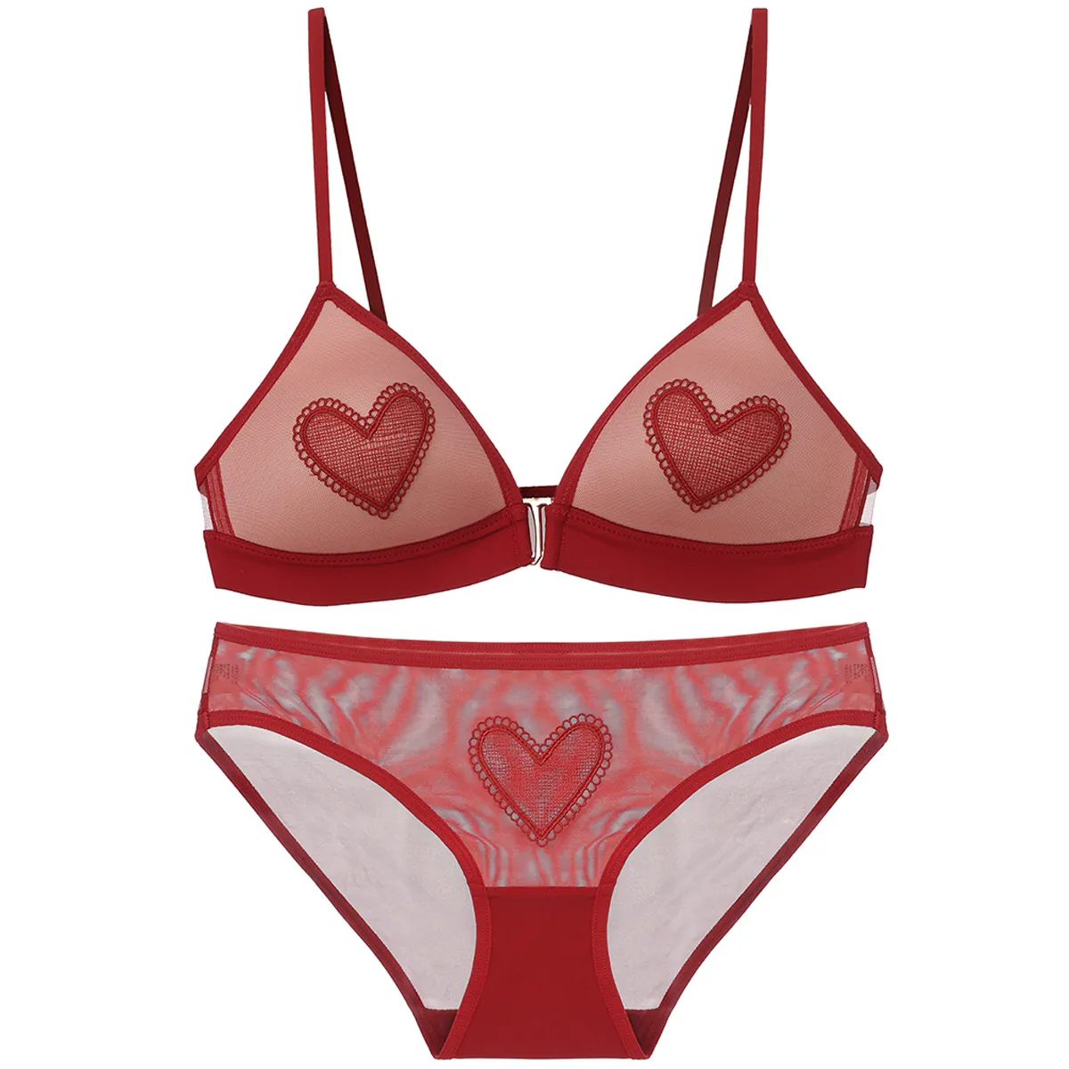 Conjunto de Lencería Sexy Francés para Mujer Top And Bottom Bordado Corazón Encaje Sujetador y Bragas Malla Push Up Nailon Elastano