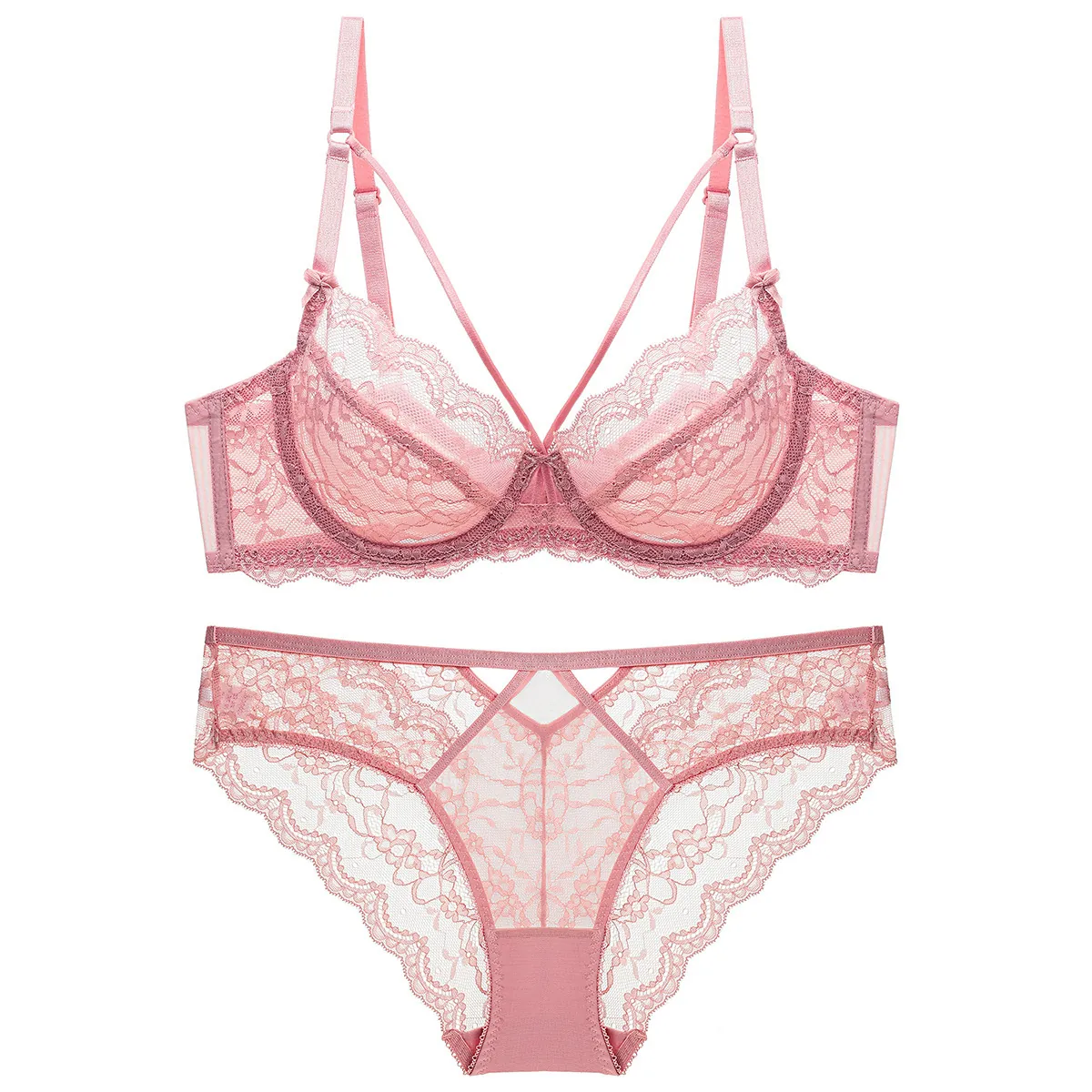 Soutien-Gorge Français Sexy Ultra-Mince en Dentelle Transparente Top And Bottom Femme Brodé Floral Armatures Respirant Minimiseur Lingerie