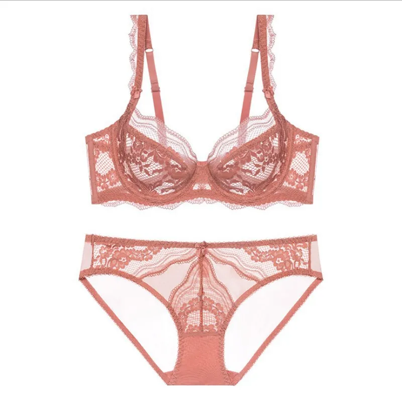 Women Sexy Lace Floral Embroidery Bra And Panty Lingerie Underwire Ultra Thin Scalloped Edge Breathable Minimizer Lingerie