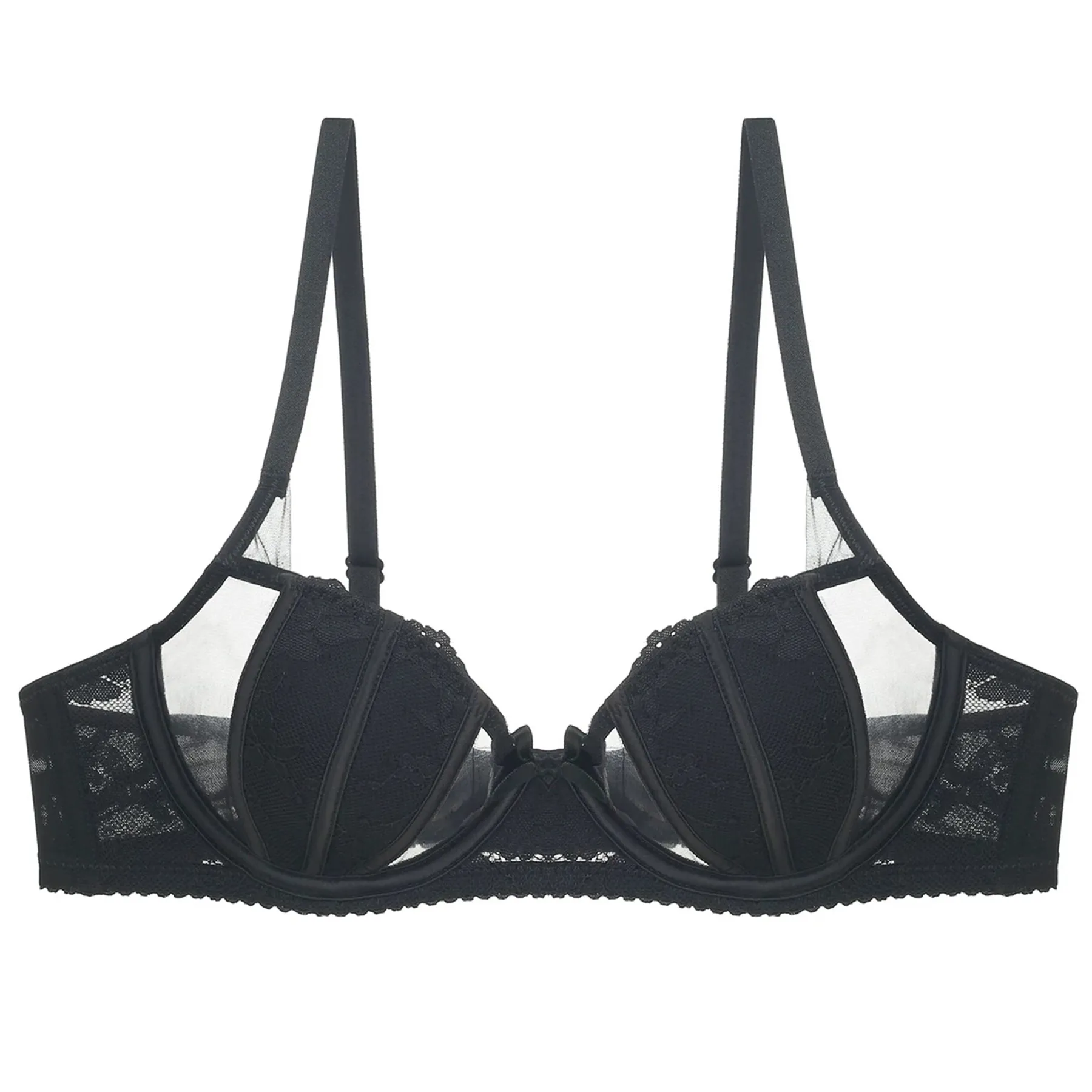French Sexy Lace Bra Thin Breathable Rabbit Ear Cup Mesh Underwire Bra For Women Large Breast Look Small Push Up Lingerie