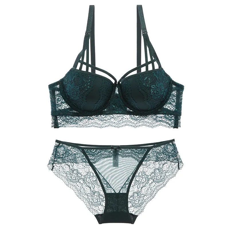 Women Sexy Lace Lingerie Top And Bottom Set Push Up Underwire Bra And Panty Floral Embroidery Adjustable Comfortable Underwear