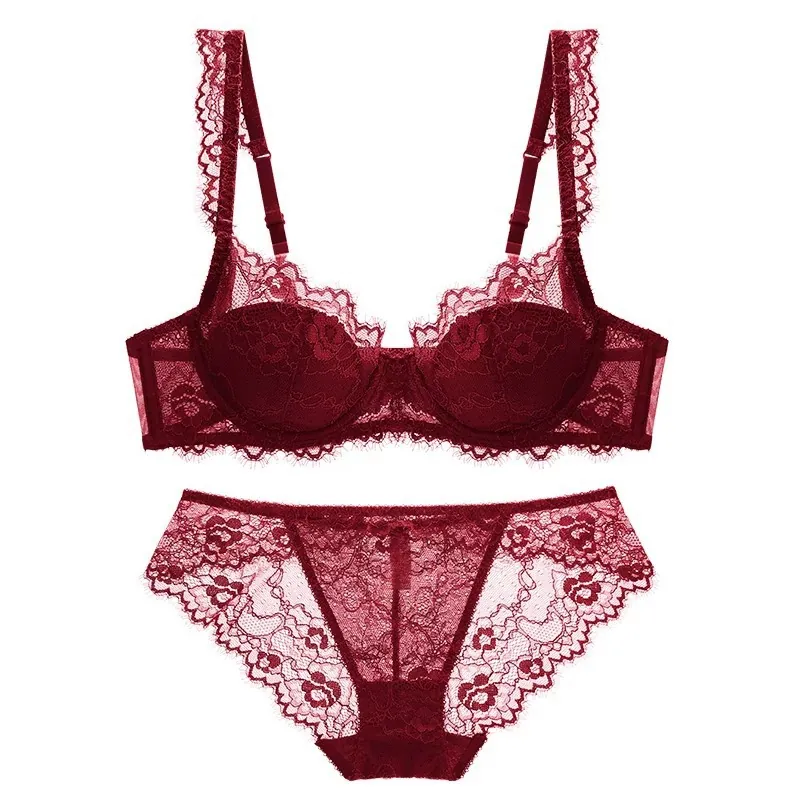 Women's Sexy French Lace Bra And Panty Lingerie Floral Embroidery Sheer Underwire Minimizer Breathable Underwear For Women