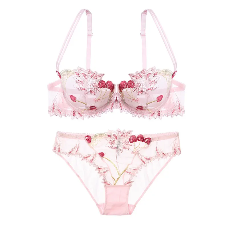 Women Sexy French Ultra Thin Transparent Mesh Embroidery Lace Lingerie Set Large Cup Minimizer Underwire Bra And Panty Set