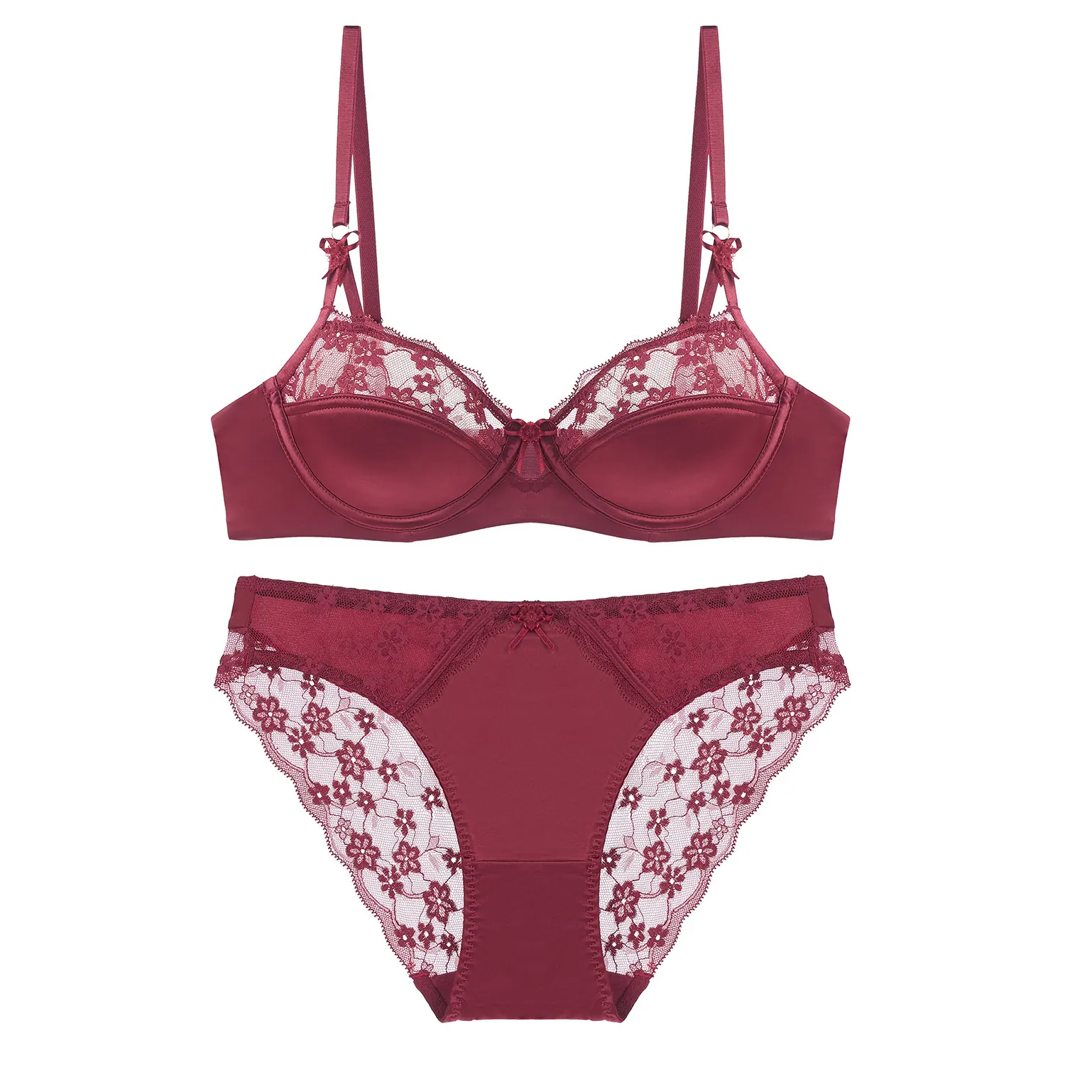 Conjunto de Sujetador de Satén y Encaje Sexy Francés para Mujer Copa de Molde Delgada con Aros Lencería Minimizador Push Up Top y Braguita