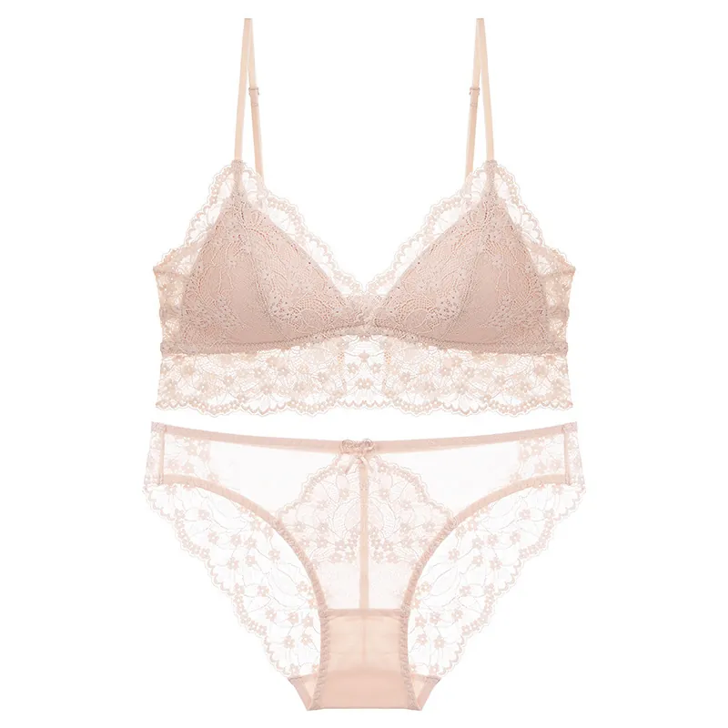 Conjunto de Lencería de Encaje Francés para Mujer Sexy Copa Triangular Delgada Sujetador Sin Aros y Braguitas Cómodo