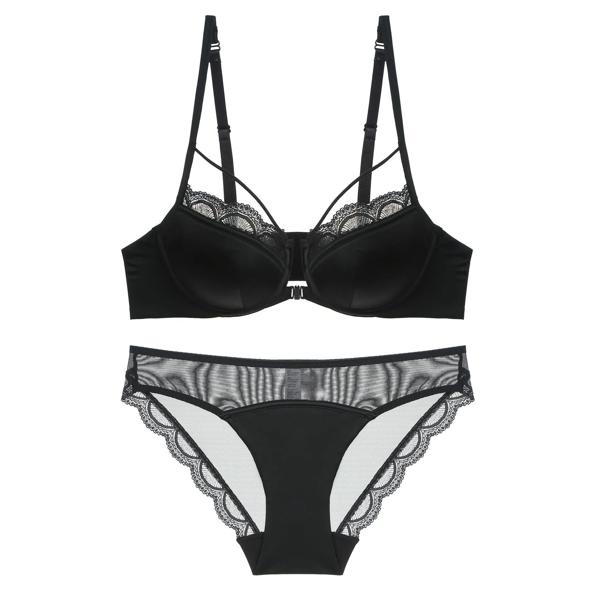 French Style Lace Front Closure Bra Top And Bottom Sexy Underwired Padded Smooth Lingerie For Women
