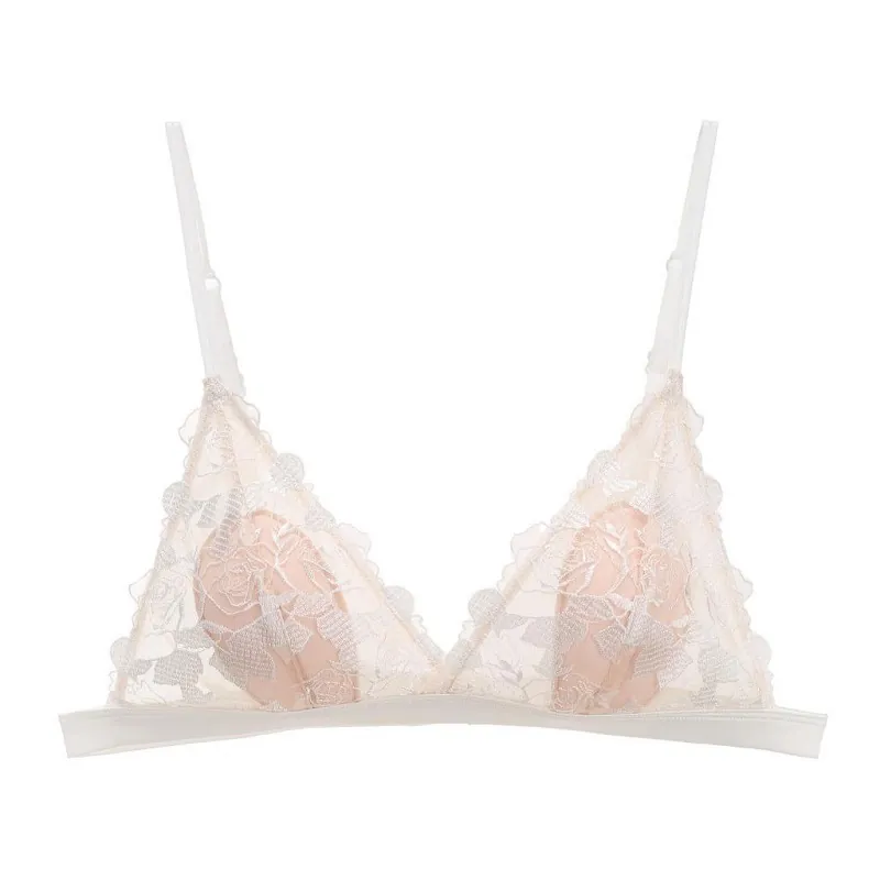 Sujetador de Encaje con Bordado de Rosa Sexy Francés para Mujer Copa Triangular Sin Aros Bralette Relleno Delgado