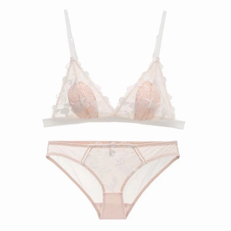 Sujetador de Encaje Sin Aros de Estilo Francés Arriba Y Abajo Bordado de Rosa Romántico Copa Triangular Transpirable Bralette Lencería Mujer