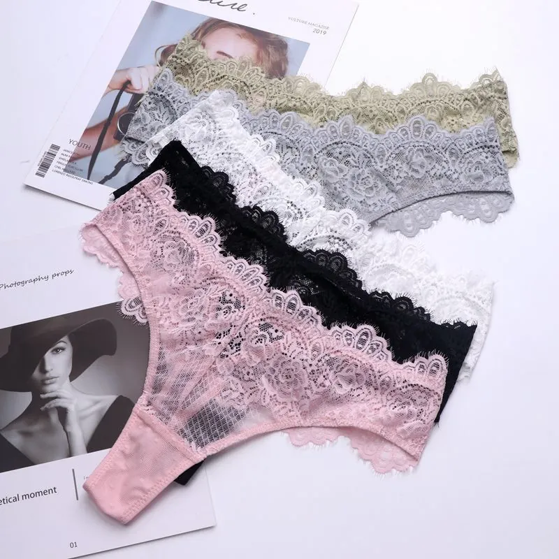 Damen Sexy Spitze Strings Niedrige Taille Ausschnitt Slip Atmungsaktiv Blumen T-Back Unterwäsche Crisscross Riemen