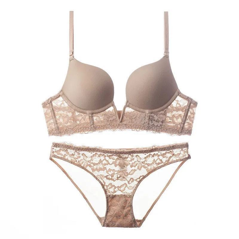 Sexy Deep V Lace Bra And Panty Set Women Push Up Underwear Backless Floral Pattern Nylon Spandex Lingerie Set