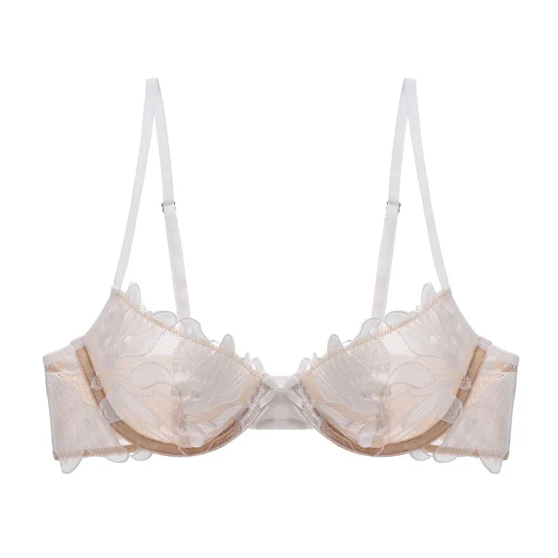 Women Sexy Floral Embroidery Lace Bra Ultra-Thin Breathable Push-Up Underwired French Style Mesh Lingerie For Daily Dating