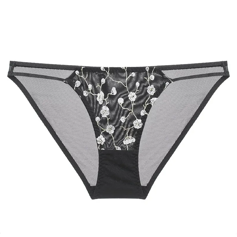 Culotte Femme Sexy Dentelle Française Broderie Mesh Transparent Taille Basse Slips Respirant Fond Coton Remonte-fesses Lingerie