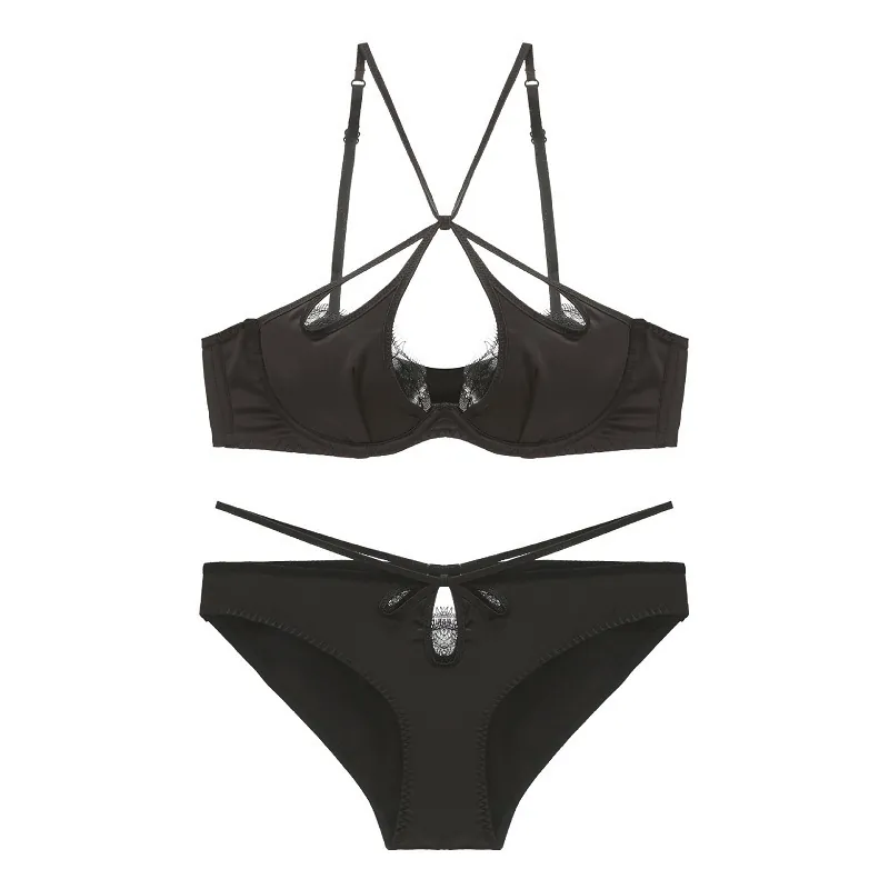 Luxueux Ensemble de Lingerie en Satin et Dentelle de Cils Top And Bottom Col en V Profond Sangles Croisées Soutien-Gorge Rembourré et Culotte Femme